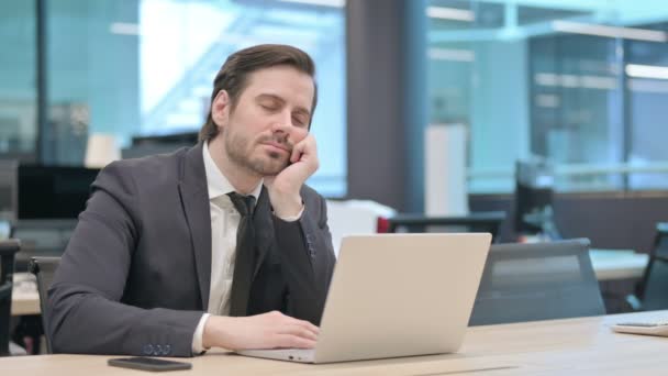 Tired Young Businessman Taking Nap While Sitting Office Laptop — Stock Video