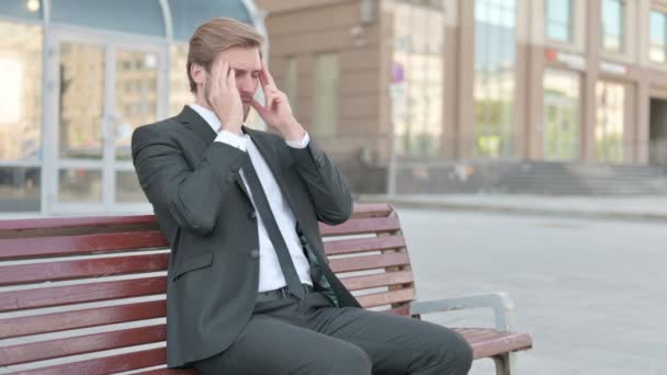 Middle Aged Businessman Headache Sitting Outdoor Bench — Vídeos de Stock