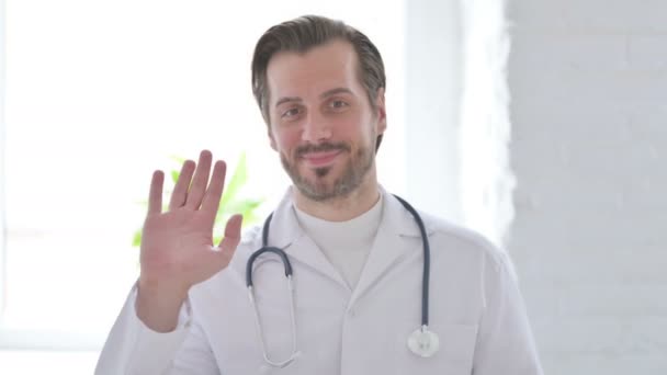 Portrait Male Doctor Waving Welcoming — 비디오