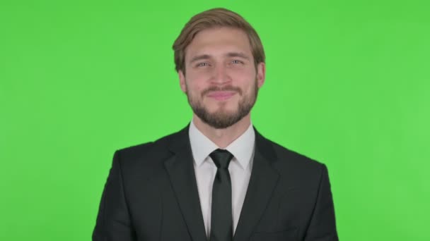 Approval Young Adult Businessman Shaking Head Green Background — Video