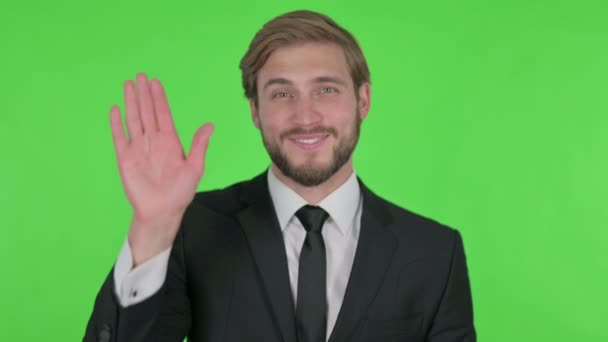 Young Adult Businessman Waving Hand Say Hello Green Background — стоковое видео