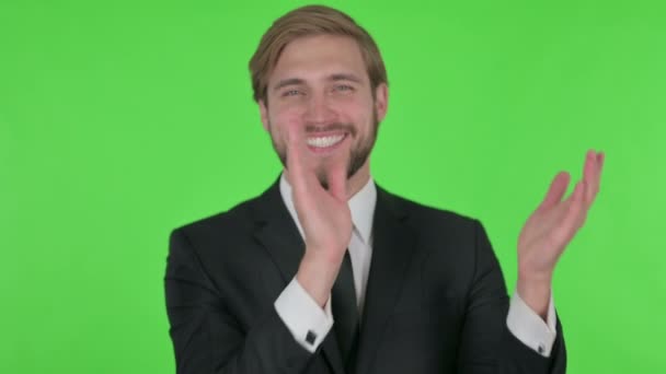 Young Adult Businessman Clapping Applauding Green Background — Stock videók