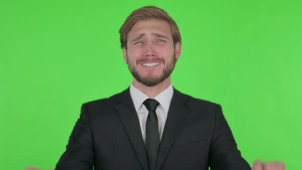 Disappointed Young Adult Businessman Reacting Loss Green Background — Αρχείο Βίντεο