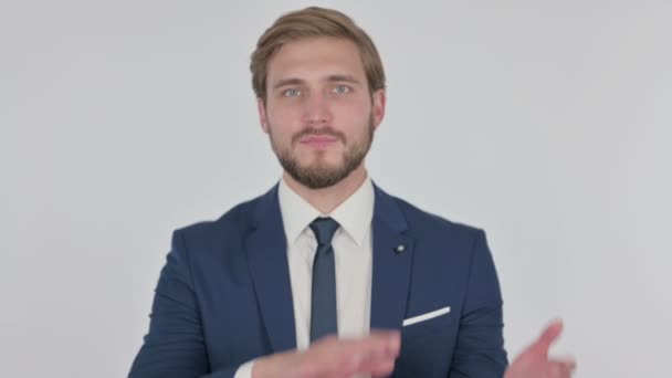 Young Adult Businessman Clapping Applauding White Background — Stockvideo