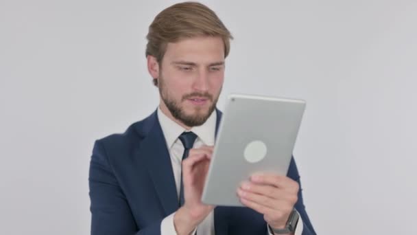 Young Adult Businessman Celebrating Success Tablet White Background — ストック動画