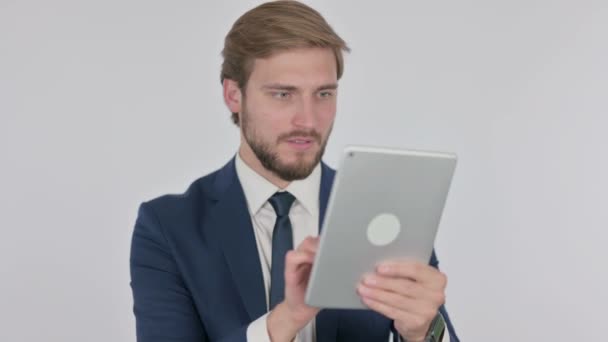 Young Adult Businessman Reacting Loss Tablet White Background — Video