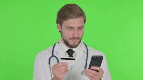 Online Shopping Smartphone Young Adult Doctor Green Background — Stok Video