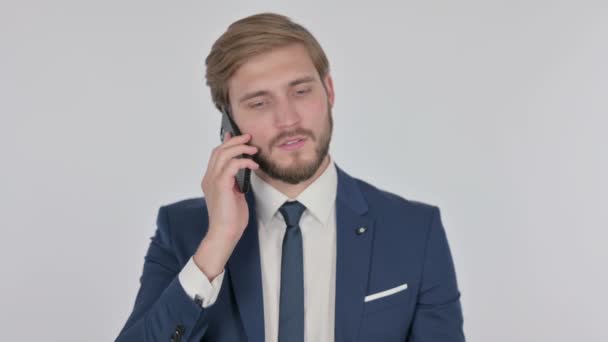 Young Adult Businessman Talking Phone White Background — Stockvideo