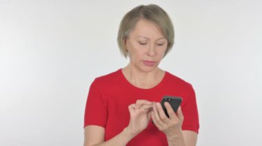 Senior Old Woman Browsing Smartphone on White Background 