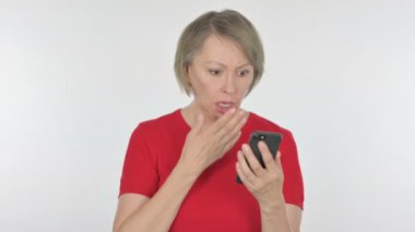Senior Old Woman Loss on Smartphone on White Background 