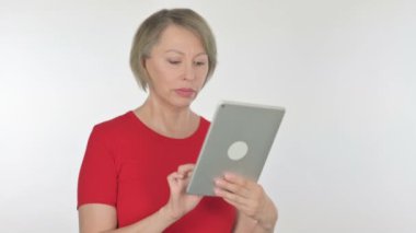 Senior Old Woman using Digital Tablet on White Background 