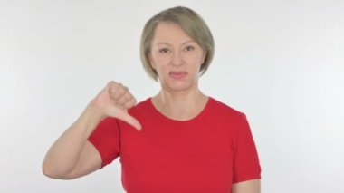 Thumbs Down by Senior Old Woman on White Background 