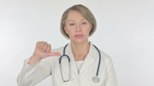 Thumbs Senior Female Doctor White Background — Stok Video