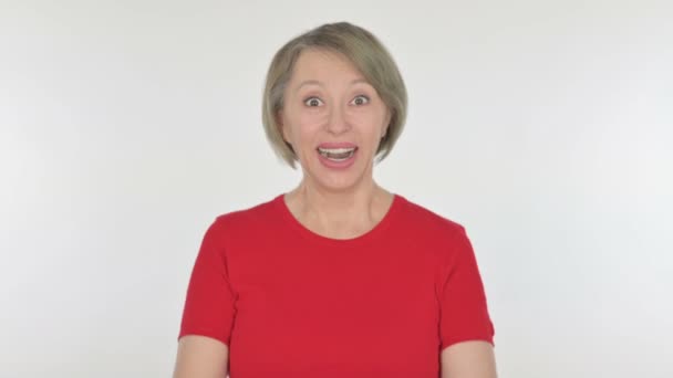 Successful Senior Old Woman Celebrating White Background — Vídeo de stock