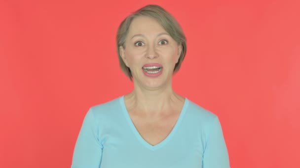 Successful Senior Old Woman Celebrating Red Background — 图库视频影像