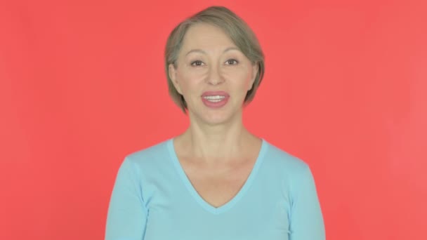 Senior Old Woman Sign Red Background — Vídeos de Stock