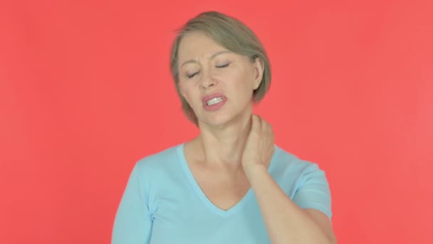 Senior Old Woman Neck Pain Red Background — Video Stock