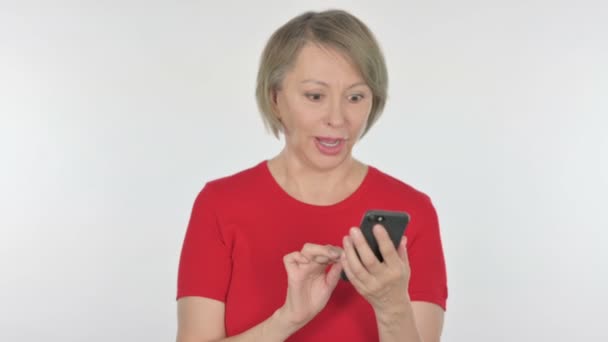 Senior Old Woman Celebrating Smartphone White Background — Vídeos de Stock