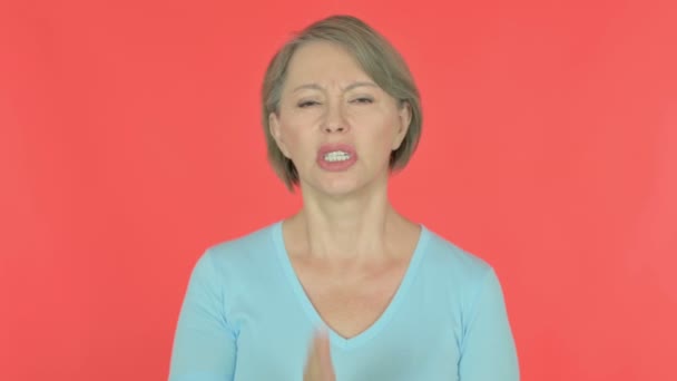 Senior Old Woman Having Toothache Red Background — Vídeo de Stock