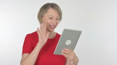 Video Call on Tablet by Senior Old Woman on White Background 