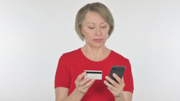 Online Shopping Failure Smartphone Senior Old Woman White Background — Stock videók