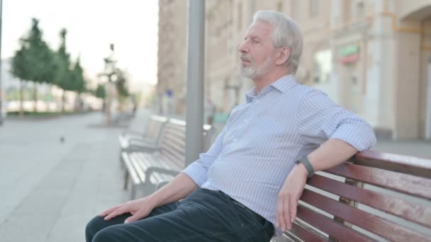 Senior Old Man Smiling Camera While Sitting Bench — Stockvideo