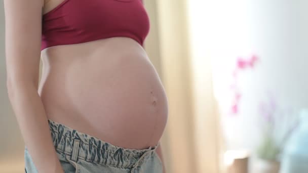 Close Pregnant Young Woman Stokes Her Big Belly — Stok video