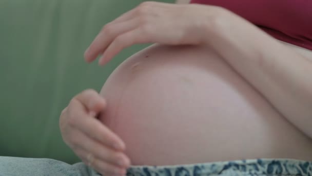 Close Pregnant Young Woman Stokes Her Big Belly — Stockvideo