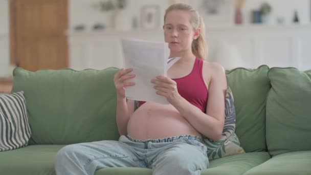 Pregnant Young Woman Reading Documents While Sitting Sofa — Video