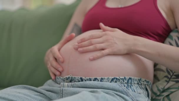 Pregnant Young Woman Stokes Her Big Belly While Relaxing Home — Stockvideo
