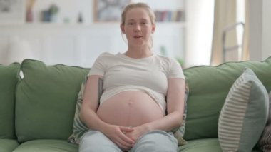 Pregnant Young Woman Talking on Video Chat while sitting on Sofa