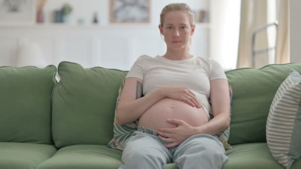 Pregnant Young Woman Looking Camera While Holding Her Tummy — Video Stock