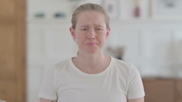 Portrait Crying Young Woman Feeling Sad Home — Vídeo de Stock