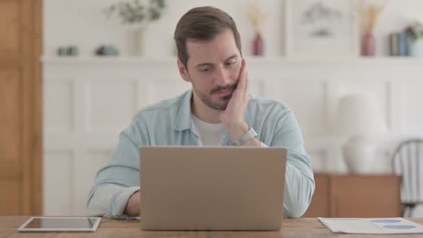 Casual Young Man Having Headache While Working Laptop — Stock Video