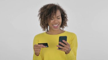 African Woman Enjoying Online Shopping, White Background