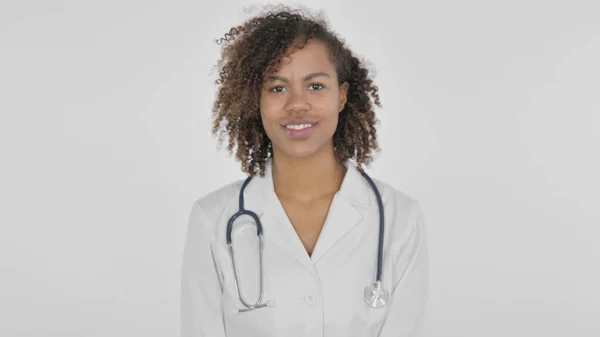 African Lady Doctor Smiling Camera White Background — ストック写真
