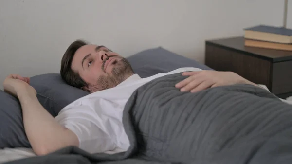 Beard Young Man Waking Nightmare Bed — Stock Photo, Image