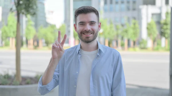 Outdoor Portrait Man Victory Sign — Stock Photo, Image