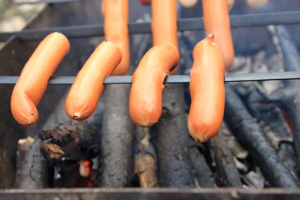 Saucisses grillées appétissantes sur brochettes — Photo