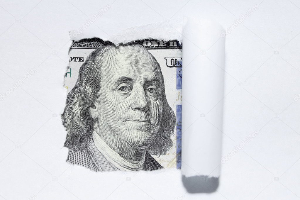 One hundred dollars through torn white paper.