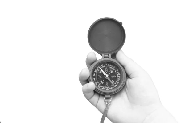 Rund Kompass Handen Isolerad Vit Bakgrund För Abstrakt Bild Med — Stockfoto