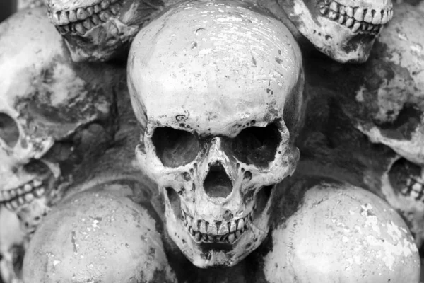 頭蓋骨の形で死を思い出させる または頭蓋骨と死の恐怖として他の頭蓋骨の背景に頭蓋骨のクローズアップ黒と白の写真 — ストック写真