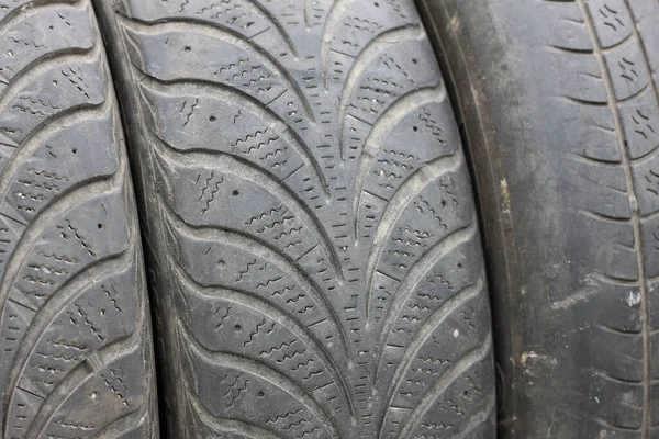 Old Winter Summer Tires Varying Degrees Wear — Zdjęcie stockowe