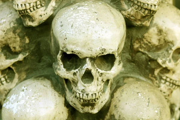 頭蓋骨の形での死の記憶や頭蓋骨での死の恐怖として他の頭蓋骨を背景にした頭蓋骨の写真 — ストック写真