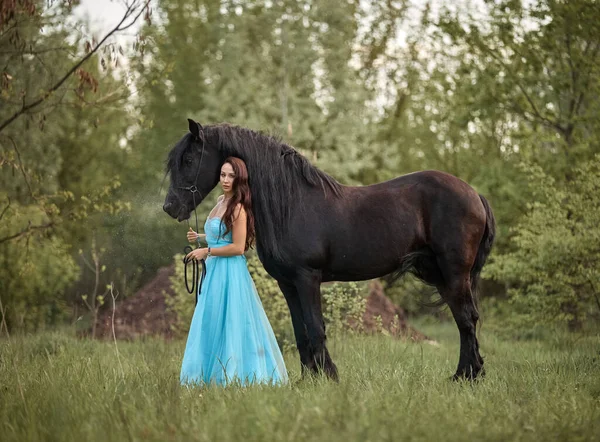 Hermosa Chica Pelo Largo Vestido Lado Caballo Negro —  Fotos de Stock