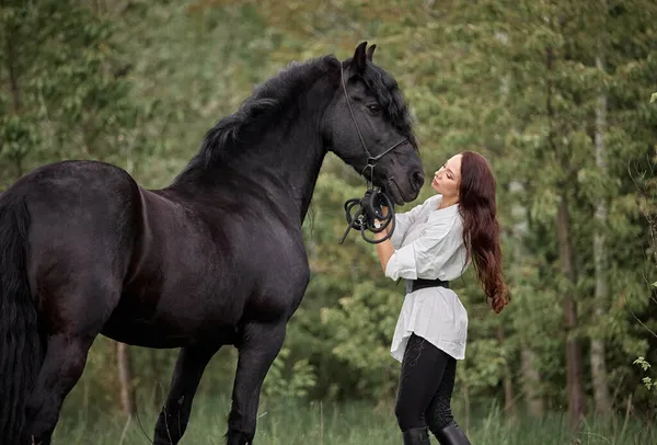 Mooi Langharig Meisje Met Een Fries Paard — Stockfoto