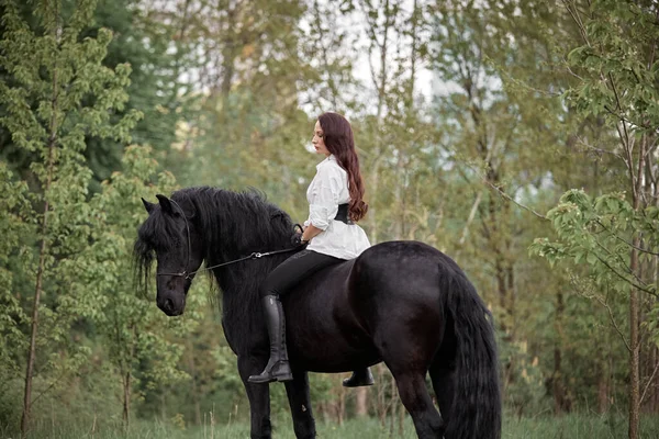 Όμορφο Μακρυμάλλικο Κορίτσι Ιππεύει Ένα Άλογο Friesian — Φωτογραφία Αρχείου