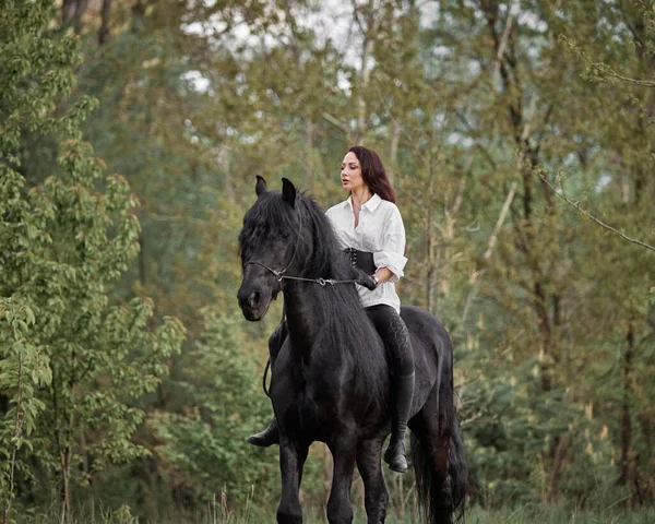 Όμορφο Μακρυμάλλικο Κορίτσι Ιππεύει Ένα Άλογο Friesian — Φωτογραφία Αρχείου