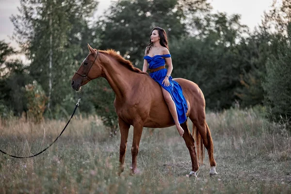 Vacker Långhårig Flicka Blå Klänning Rider Röd Häst — Stockfoto