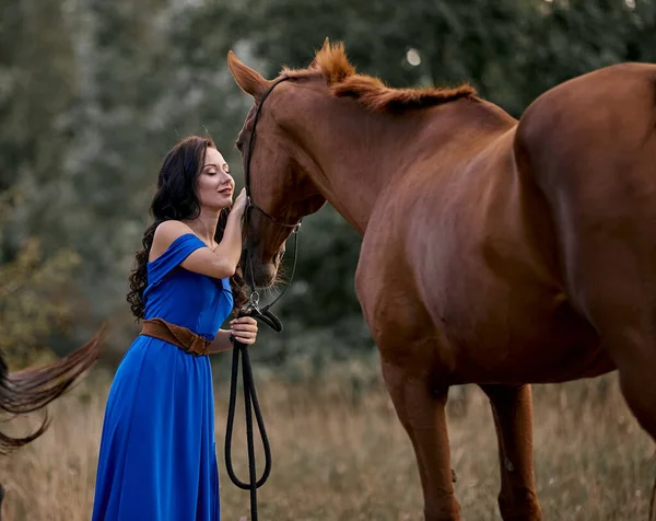 Menina Cabelos Longos Bonita Vestido Azul Com Cavalo Vermelho — Fotografia de Stock